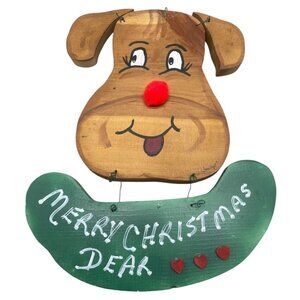 Handmade Merry Christmas dear wall artwork dog wood hearts brown green red READ